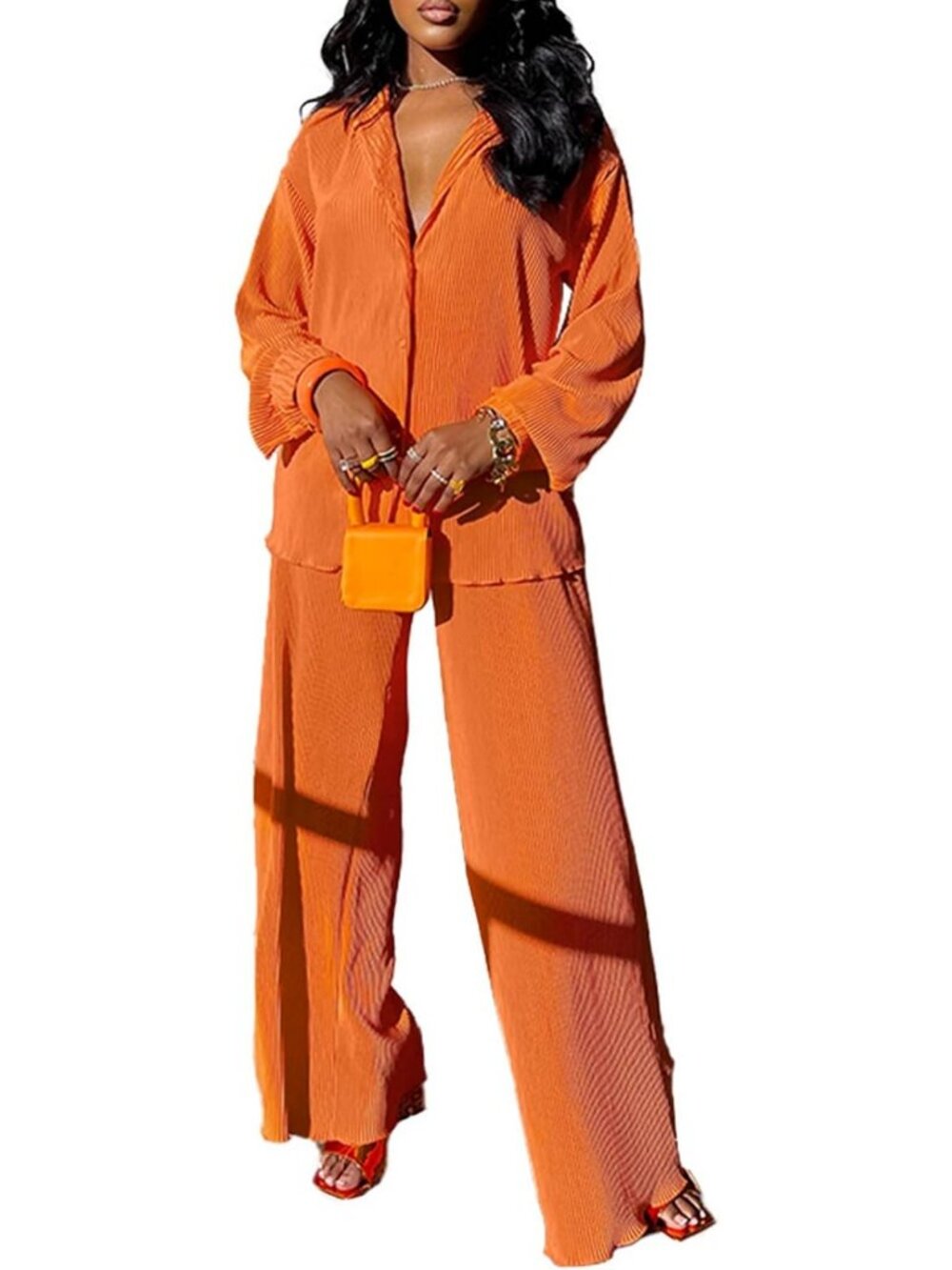 Trendy 2-Piece Casual Set for Women - Stylish Shirt & Wide Leg Pants Outfit